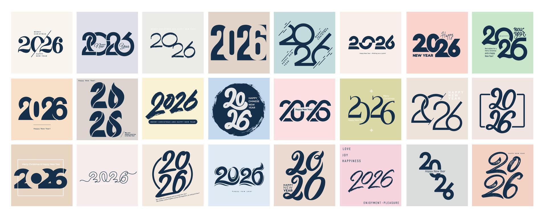 Big Set of 2026 number design template. 2026 Happy New Year logo text design. Christmas set of 2026 Happy New Year. with black 24 labels logo for diaries, notebooks, calendars, social media. vector