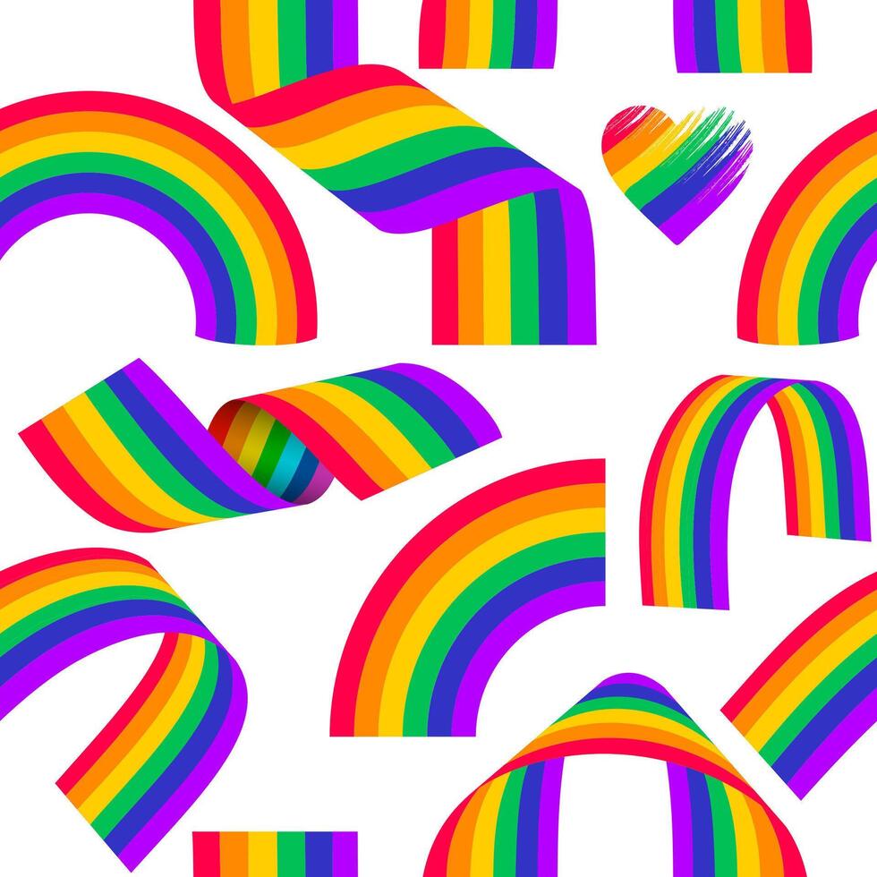 Seamless pattern Happy pride month 2024. Diverse colorful rainbow doodle background. Multicolor rainbows cartoon in funny hand drawn style. LGBT issues of diversity spectrum illustration. vector