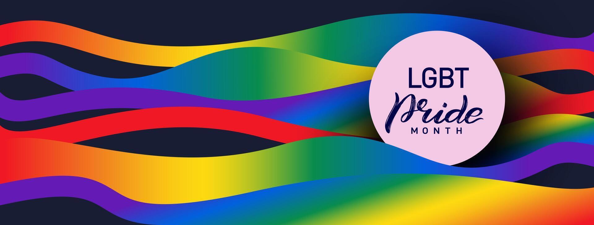 LGBT Pride Month 2024. Pride label, ribbons with rainbow colors. Banner Love is love. Happy pride month paper text and rainbow gradient brush strokes. LGBT event banner template illustration. vector