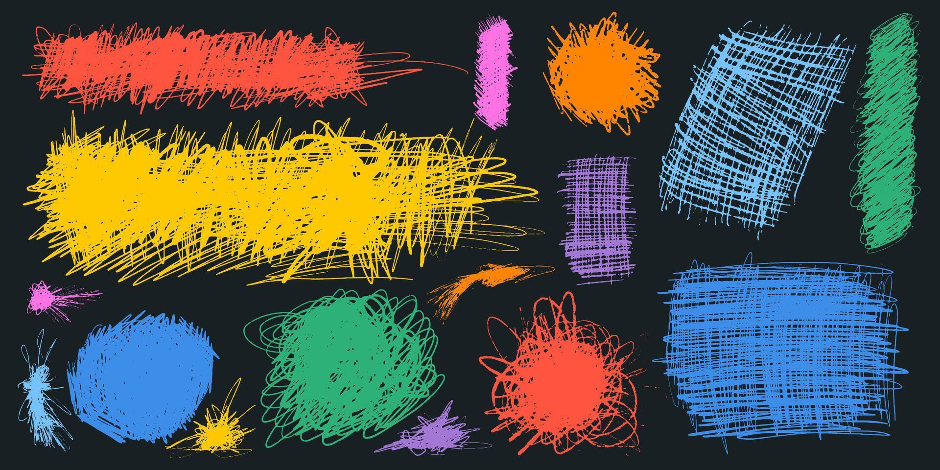 Set of charcoal pencil curly lines, squiggles and shapes. Grunge pen scribbles . Art hand drawn pencil lines, doodles. bright color charcoal or chalk drawing. Rough crayon strokes texture vector
