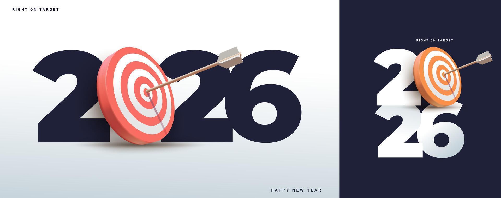 Happy New Year 2026 concept. Greeting card and round colored target with arrow. Template New goals for next year and achieving success. Set of 2026 square background. design 2026. vector