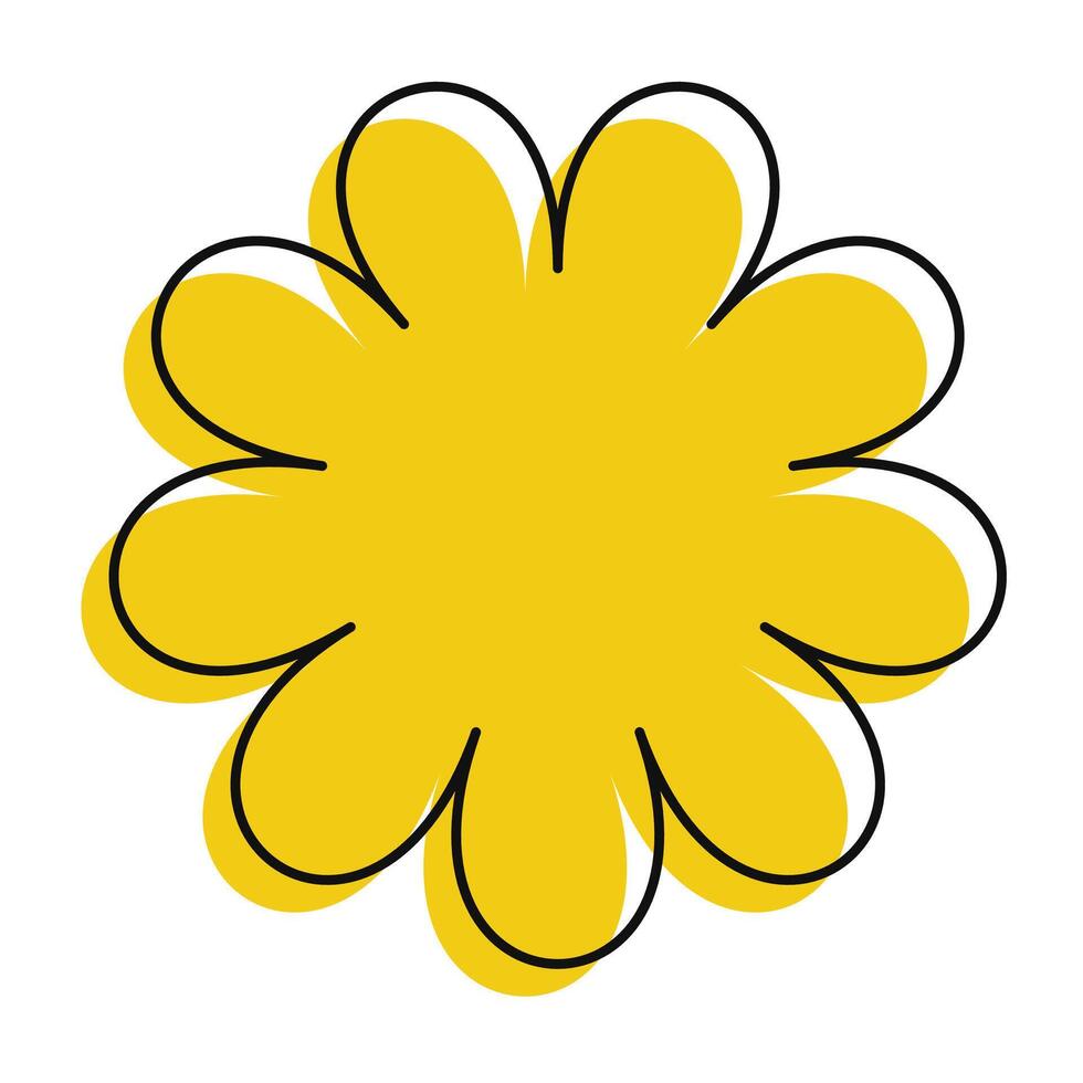 Bright yellow flower with bold solid fill and playful scribbled black outline. A cheerful daisy icon with hand-drawn charm. vector