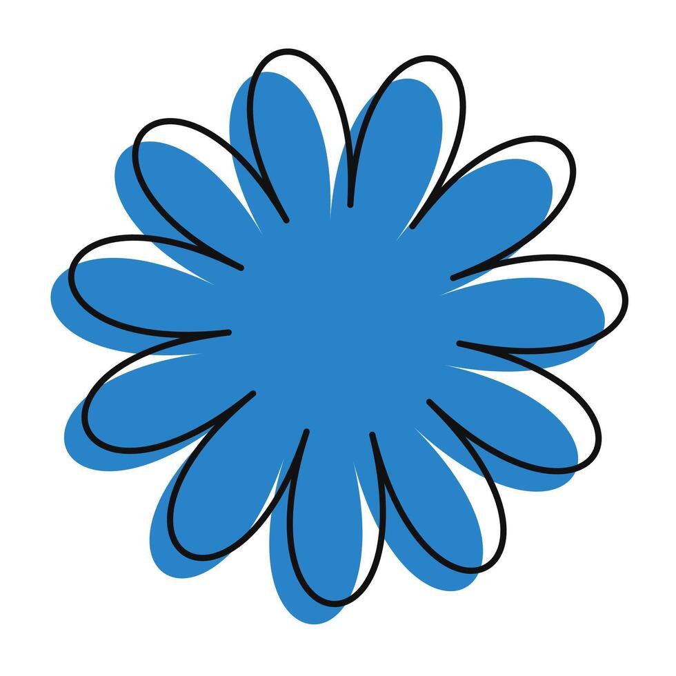 Scribble-style blue flower with slightly shifted black outline. A bold, colorful icon with retro floral character. vector