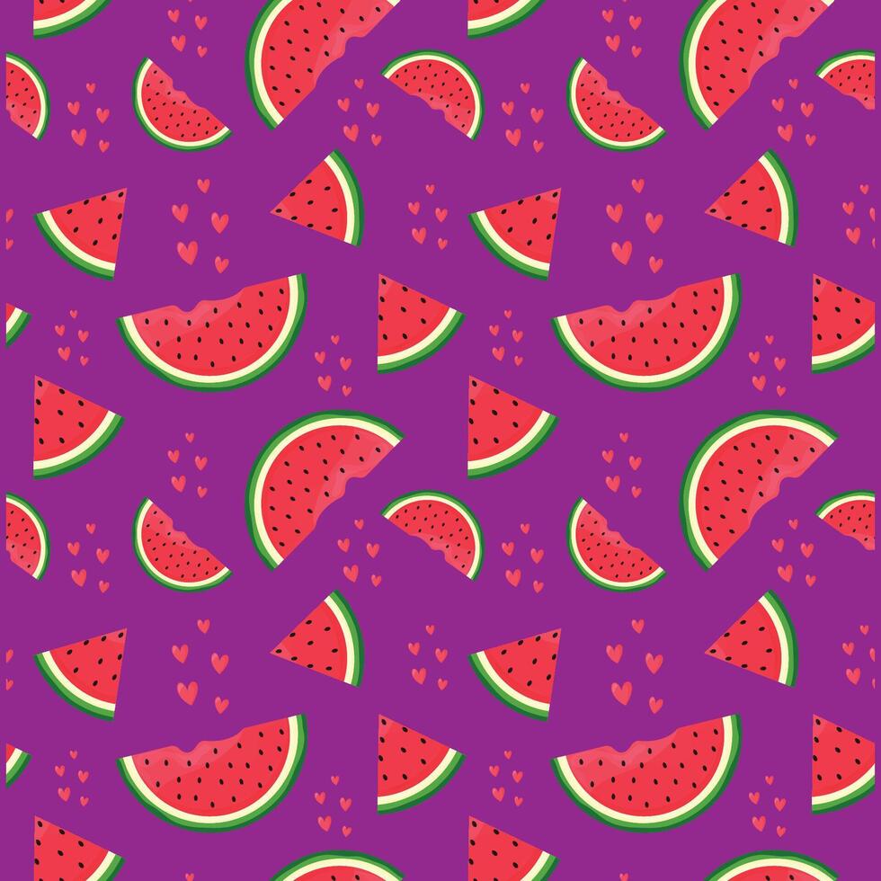 Seamless Pattern with Watermelon Slices and Hearts Illustration. vector