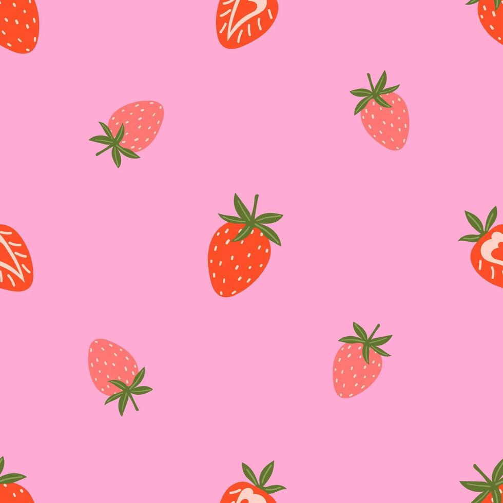 Seamless patterns with strawberry on pink backgrounds . Cute fruit print. vector