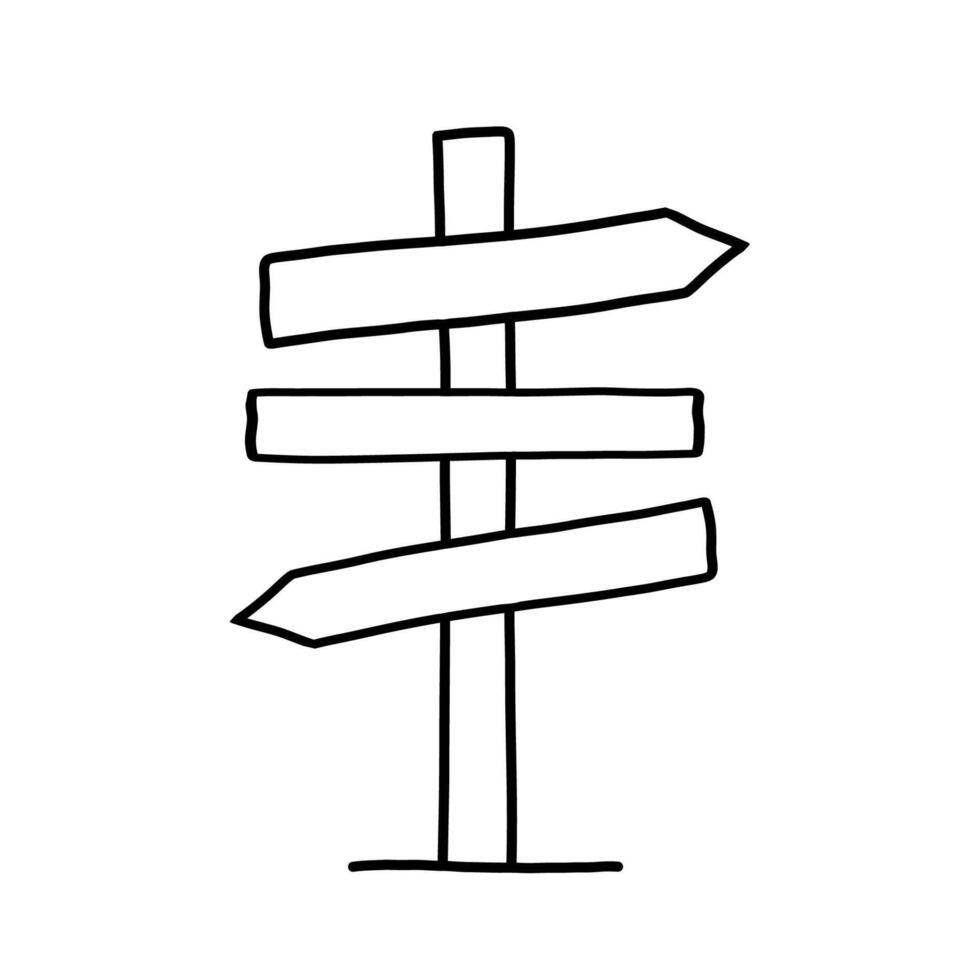 Wooden signpost on a tourist route doodle hand drawn. Way sign to summer camp, hiking trail. Guidepost arrow. Sketch isolated illustration vector