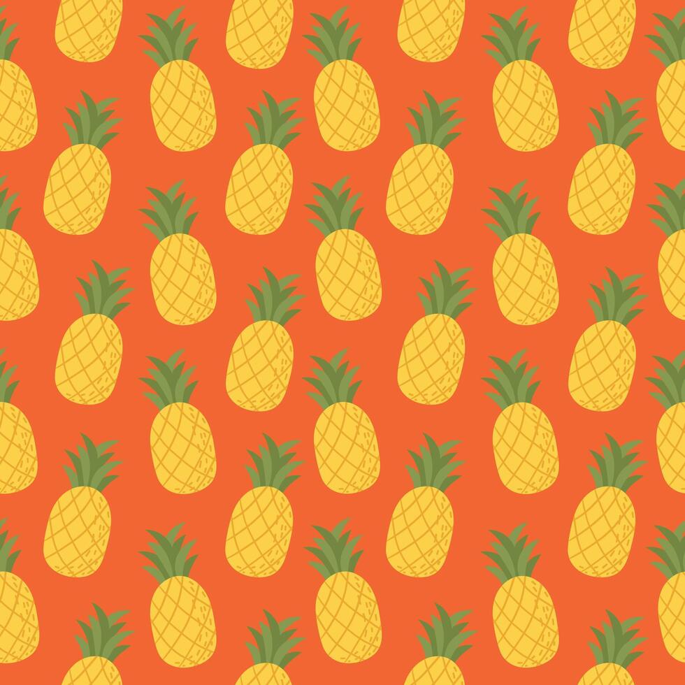 Seamless pattern with pineapple on red-orange background illustration. Cute fruit print. vector