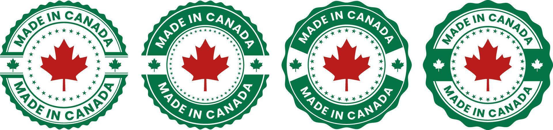 Green Made in Canada seal stamp collection featuring red maple leaf icons for authentic Canadian product labeling and national branding identity vector