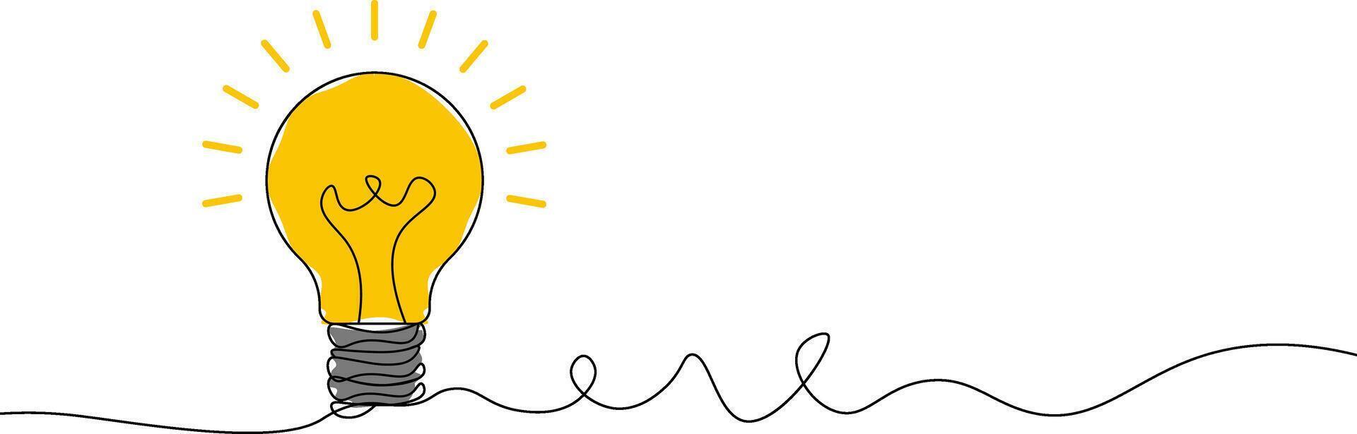 Creative bright idea concept with yellow light bulb in continuous line art style isolated on white background representing innovation inspiration imagination and energy vector