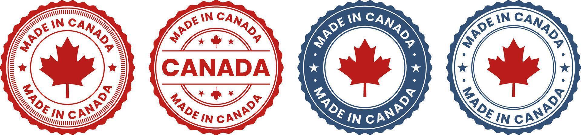Red and blue Made in Canada stamp labels featuring bold maple leaf icons for authentic Canadian branding, product origin certification, and packaging design elements vector