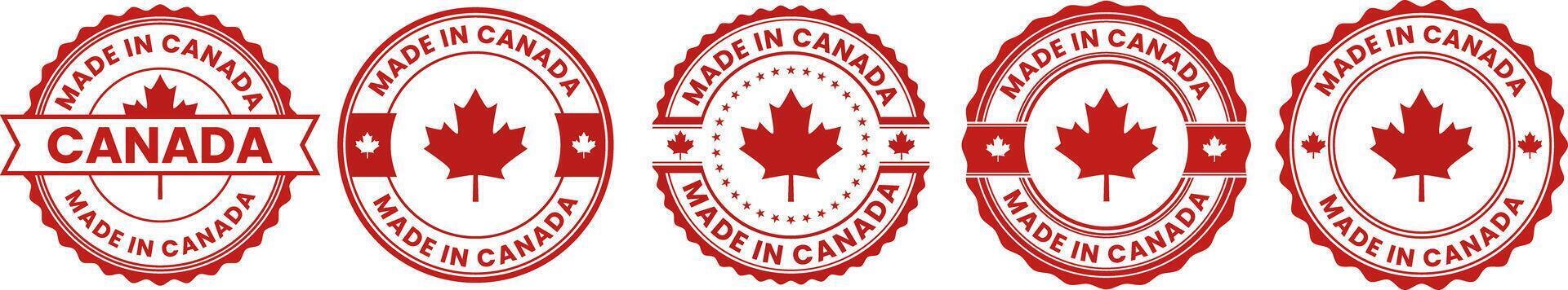 Made in Canada Red Maple Leaf Stamp and Label Set for Quality Product Certification and National Origin Branding vector