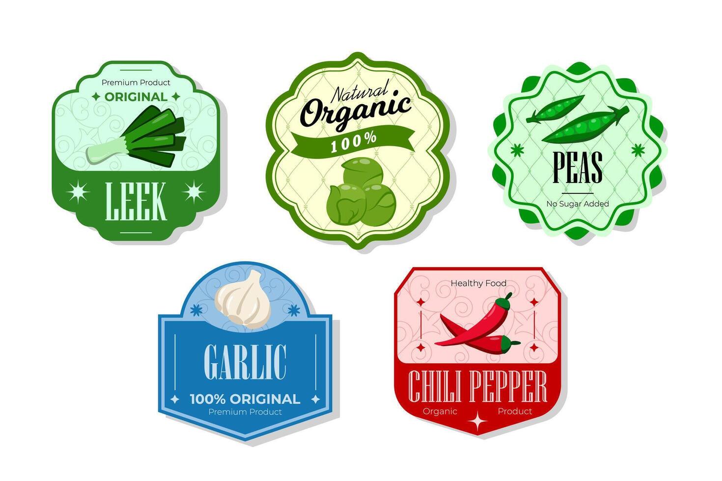 Different retro vegetables banner and labels. Packaging tags with chili, garlic, leek, peas. Set of seasonal vegetables labels stickers and marks or badges template for packaging vector