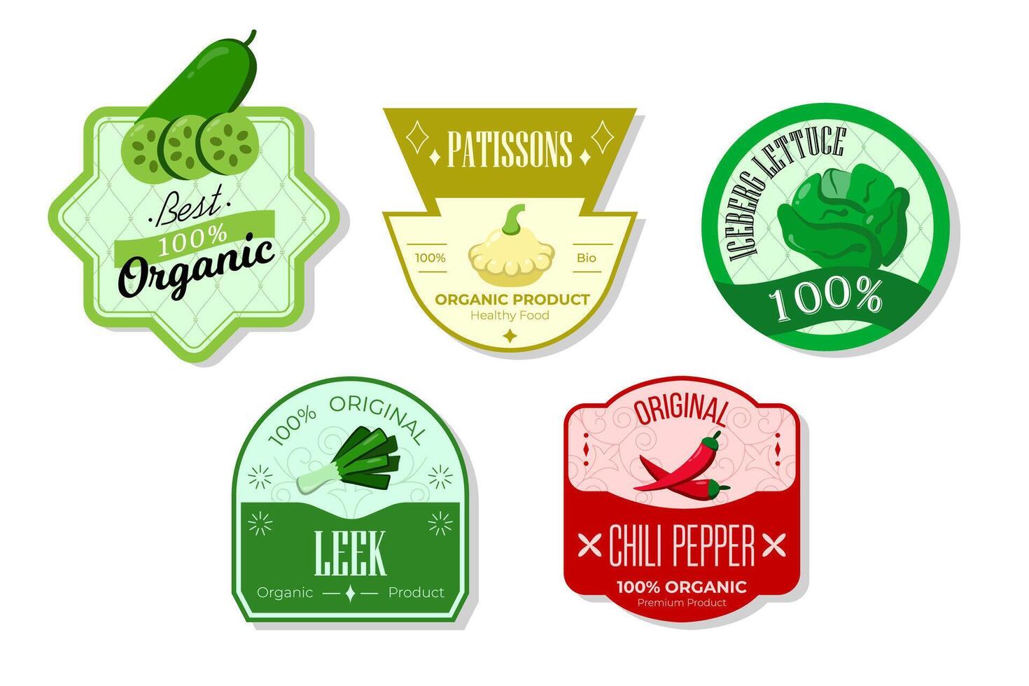 Retro fruits banner and labels. Different juices stickers. Packaging tags with patissons, iceberg, leek, chili. Set of seasonal fruits labels stickers and marks or badges template for packaging vector