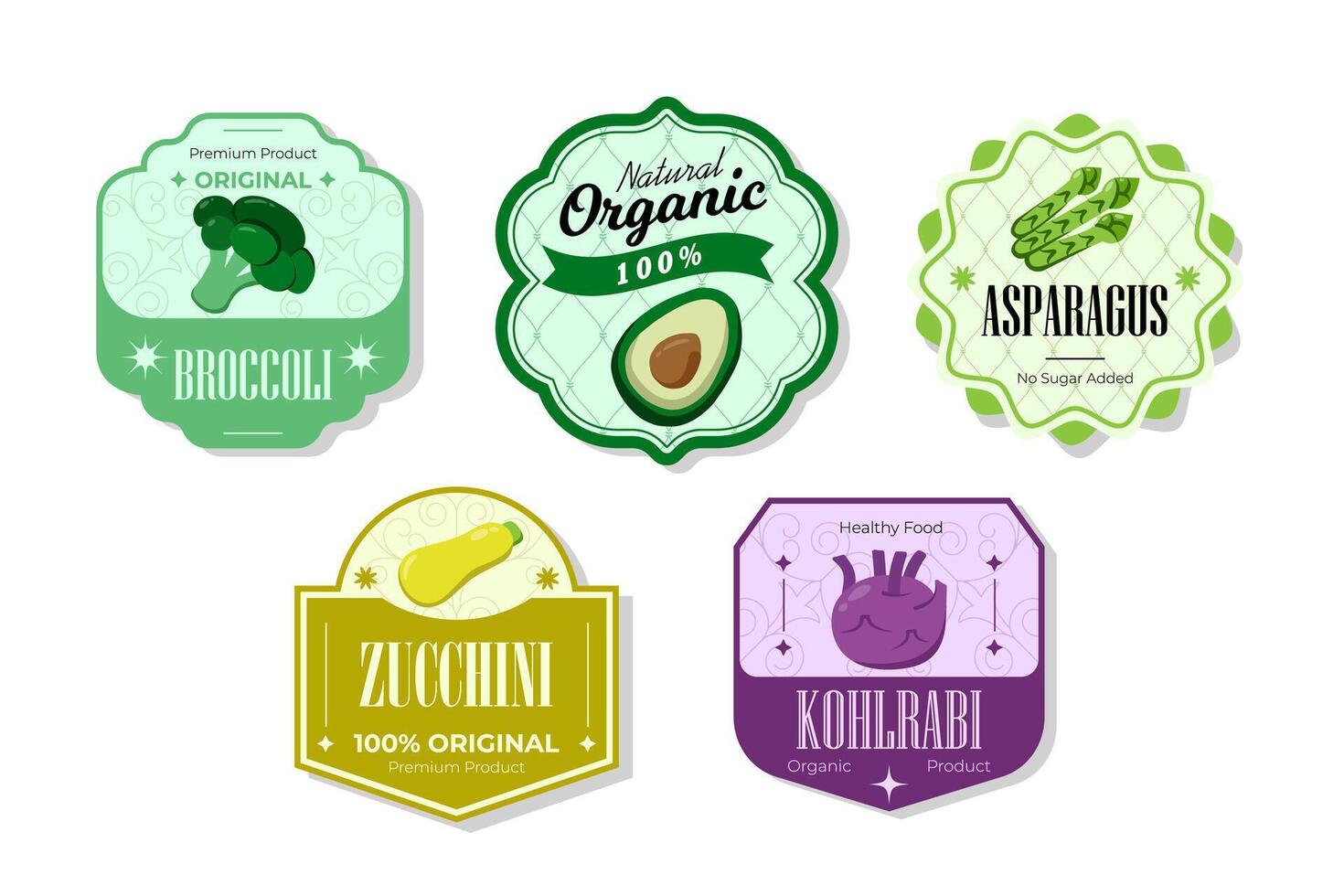 Different retro vegetables banner and labels. Packaging tags with broccoli, zucchini, kohlrabi, asparagus. Set of seasonal vegetables labels stickers and marks or badges template for packaging vector