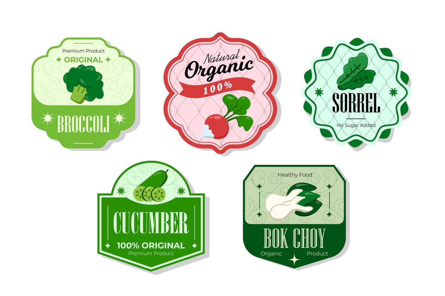 Different retro vegetables banner and labels. Packaging tags with broccoli, cucumber, bok choy, sorrel. Set of seasonal vegetables labels stickers and marks or badges template for packaging vector