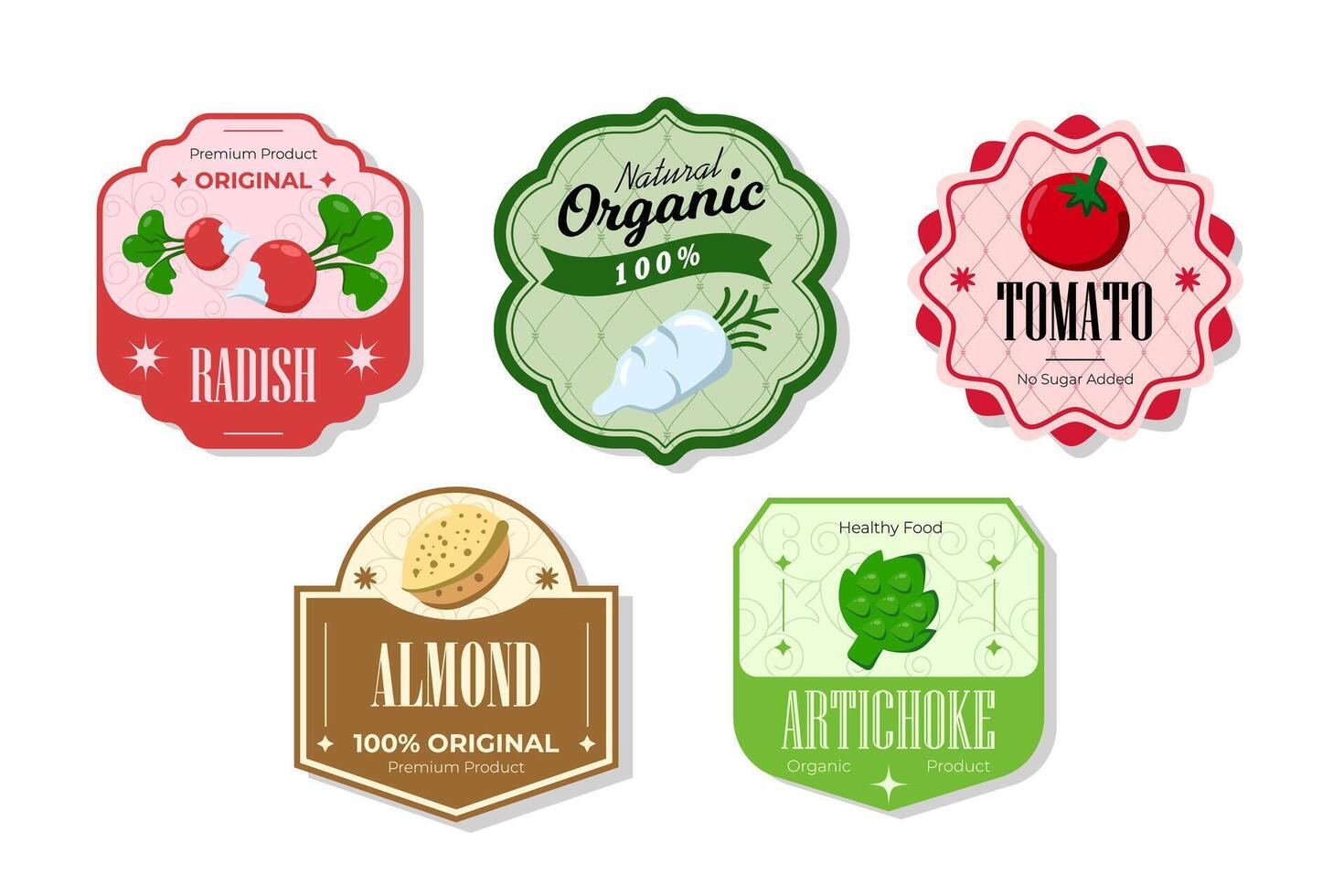 Different retro vegetables banner and labels. Packaging tags with almond, radish, artichoke, tomato. Set of seasonal vegetables labels stickers and marks or badges template for packaging vector