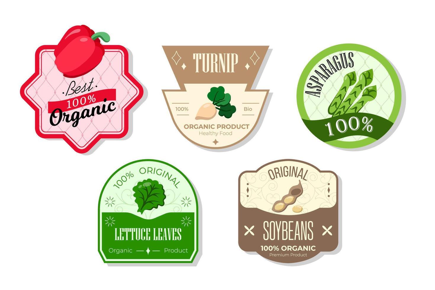 Retro fruits banner and labels. Different juices stickers. Packaging tags with soybeans, asparagus, turnip, lettuce. Set of seasonal fruits labels stickers and marks or badges template for packaging vector