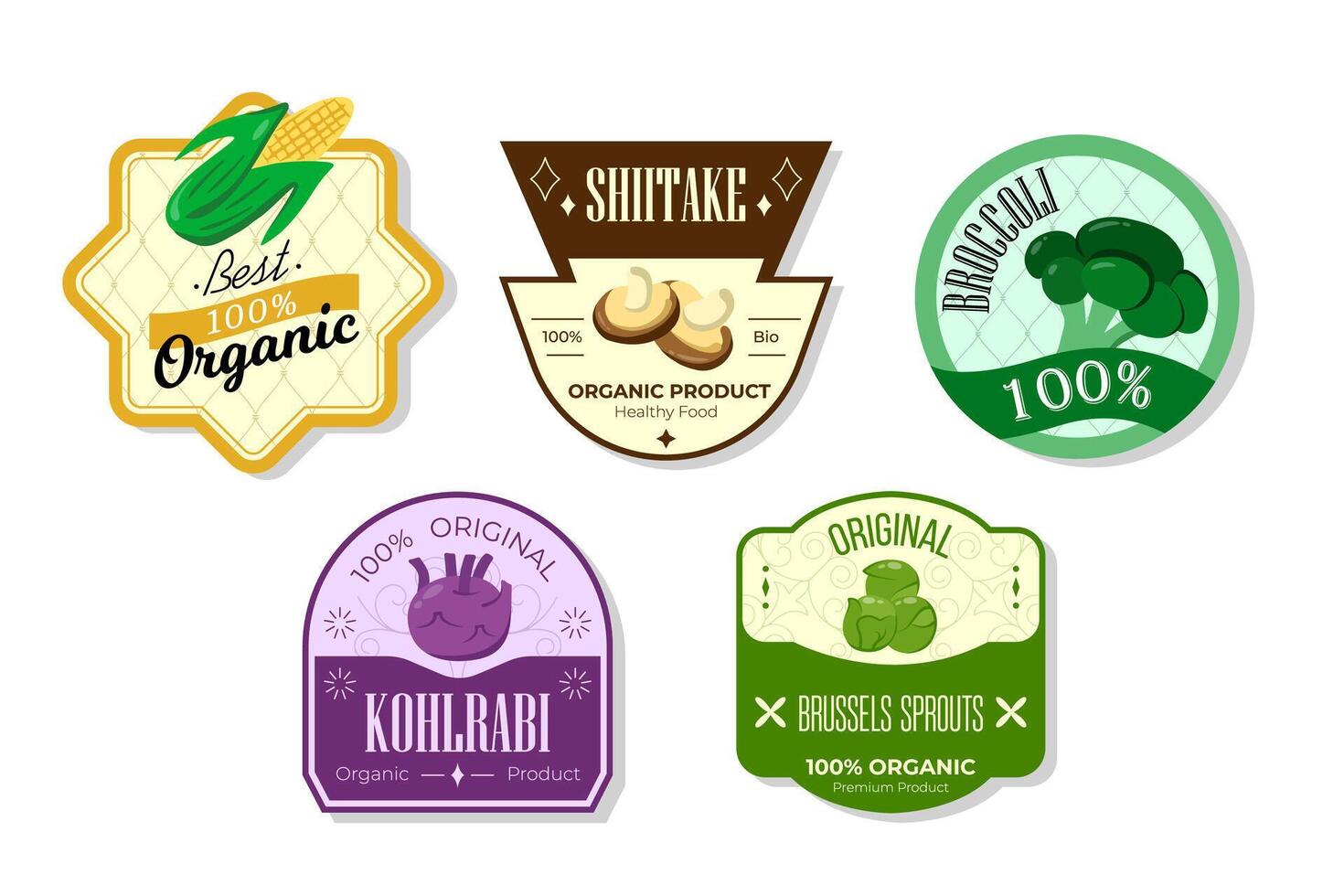 Retro fruits banner and labels. Different juices stickers. Packaging tags with kohlrabi, brussels, broccoli, shiitake. Set of seasonal fruits labels stickers and marks or badges template for packaging vector
