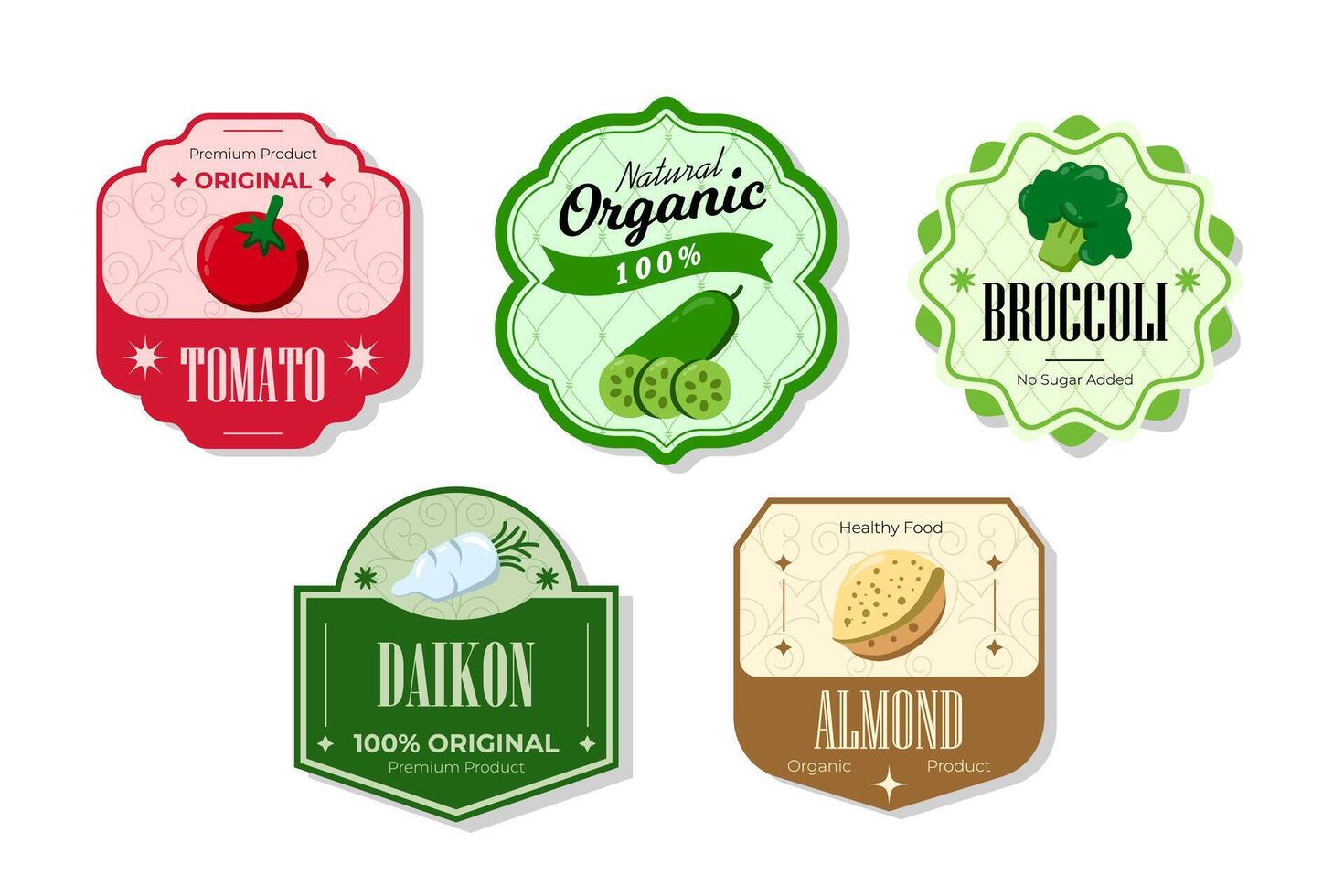 Different retro vegetables banner and labels. Packaging tags with tomato, daikon, almond, broccoli. Set of seasonal vegetables labels stickers and marks or badges template for packaging vector