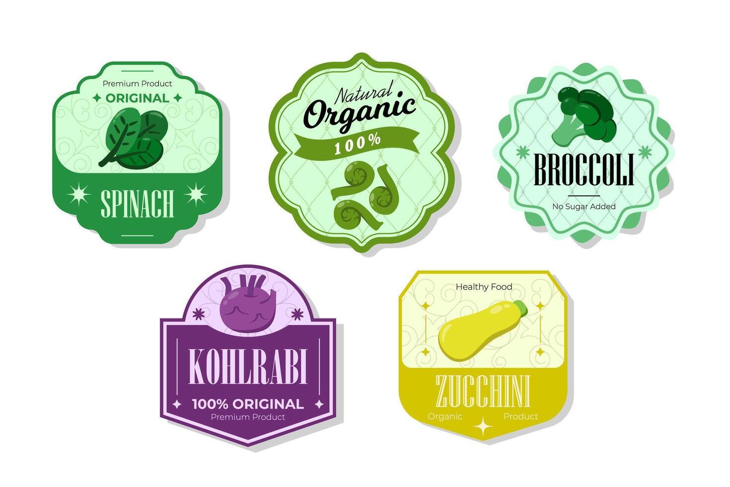 Different retro vegetables banner and labels. Packaging tags with kohlrabi, spinach, broccoli, zucchini. Set of seasonal vegetables labels stickers and marks or badges template for packaging vector