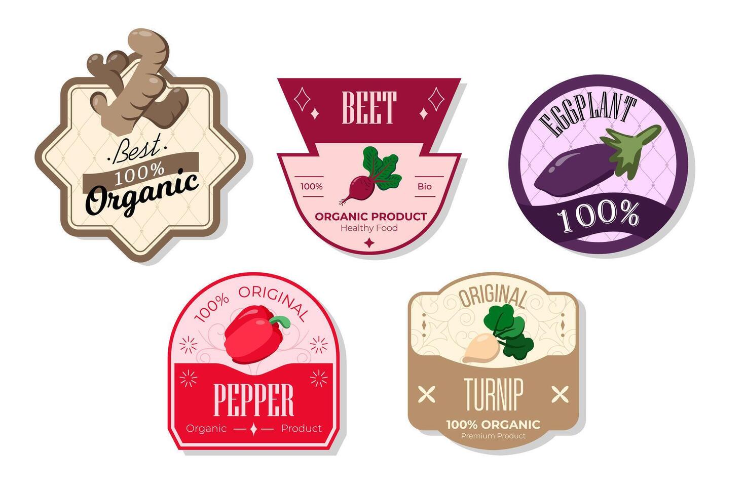 Retro fruits banner and labels. Different juices stickers. Packaging tags with turnip, pepper, beet, eggplant. Set of seasonal fruits labels stickers and marks or badges template for packaging vector