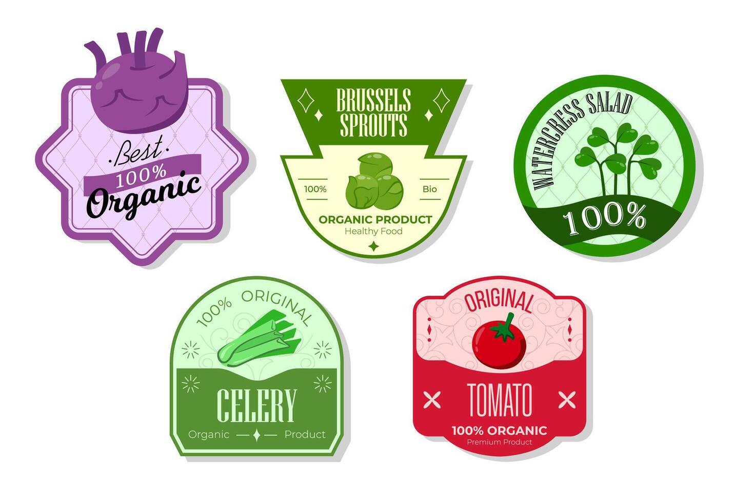 Retro fruits banner and labels. Different juices stickers. Packaging tags with tomato, watercress, celery, brussels. Set of seasonal fruits labels stickers and marks or badges template for packaging vector