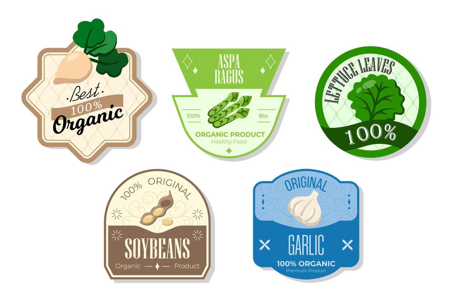 Retro fruits banner and labels. Different juices stickers. Packaging tags with asparagus, lettuce, soybeans, garlic. Set of seasonal fruits labels stickers and marks or badges template for packaging vector