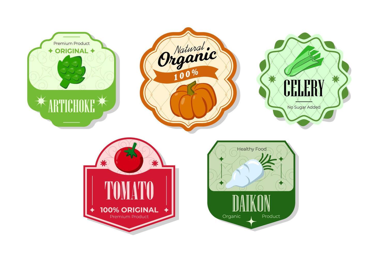 Different retro vegetables banner and labels. Packaging tags with daikon, tomato, artichoke, celery. Set of seasonal vegetables labels stickers and marks or badges template for packaging vector