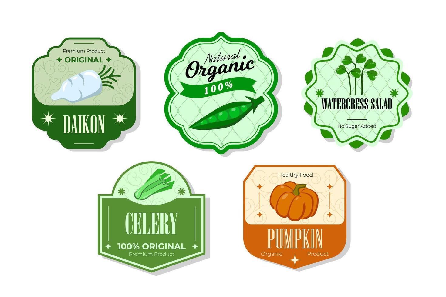 Different retro vegetables banner and labels. Packaging tags with daikon, celery, pumpkin, watercress salad. Set of seasonal vegetables labels stickers and marks or badges template for packaging vector