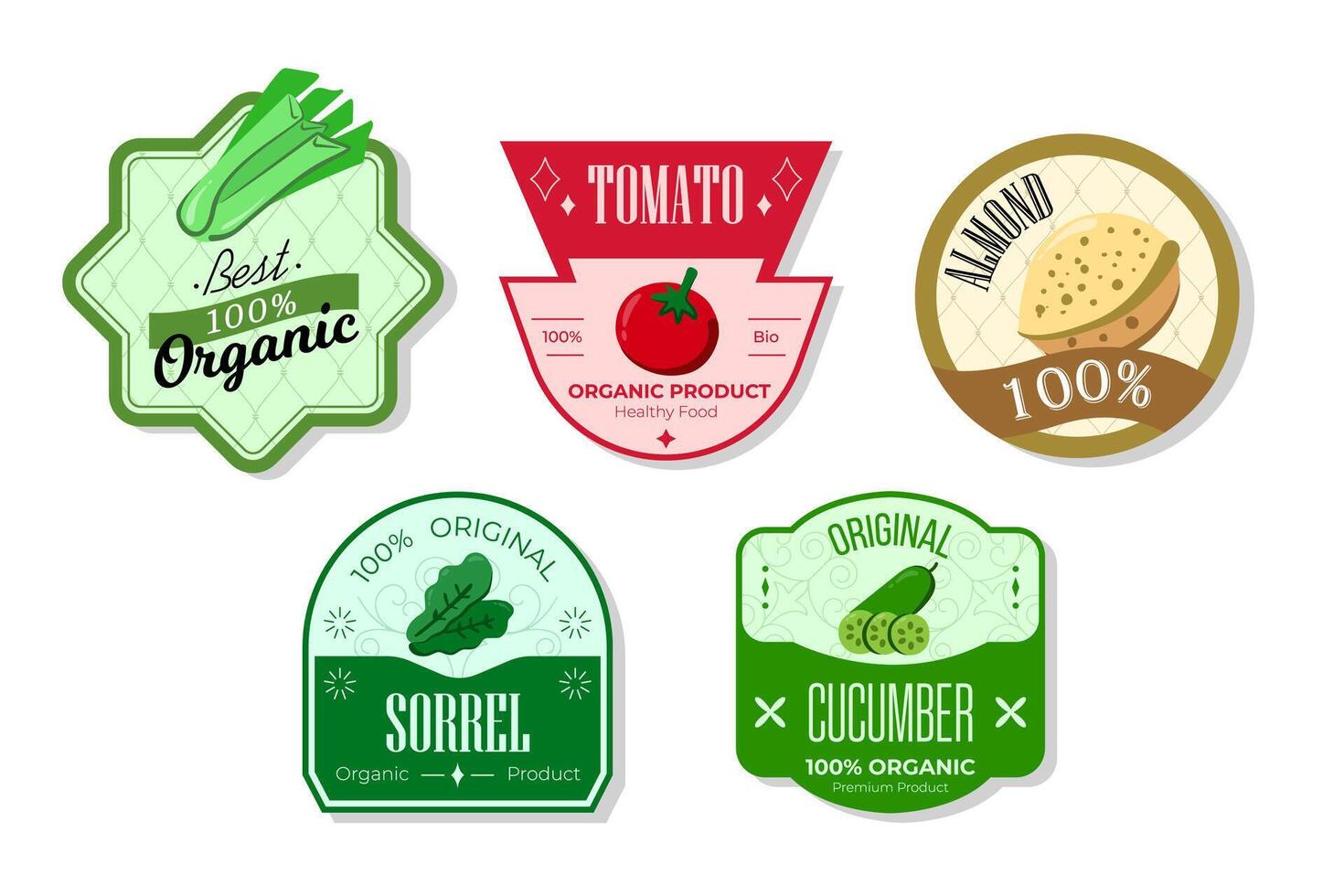 Retro fruits banner and labels. Different juices stickers. Packaging tags with tomato, sorrel, cucumber, almond. Set of seasonal fruits labels stickers and marks or badges template for packaging vector