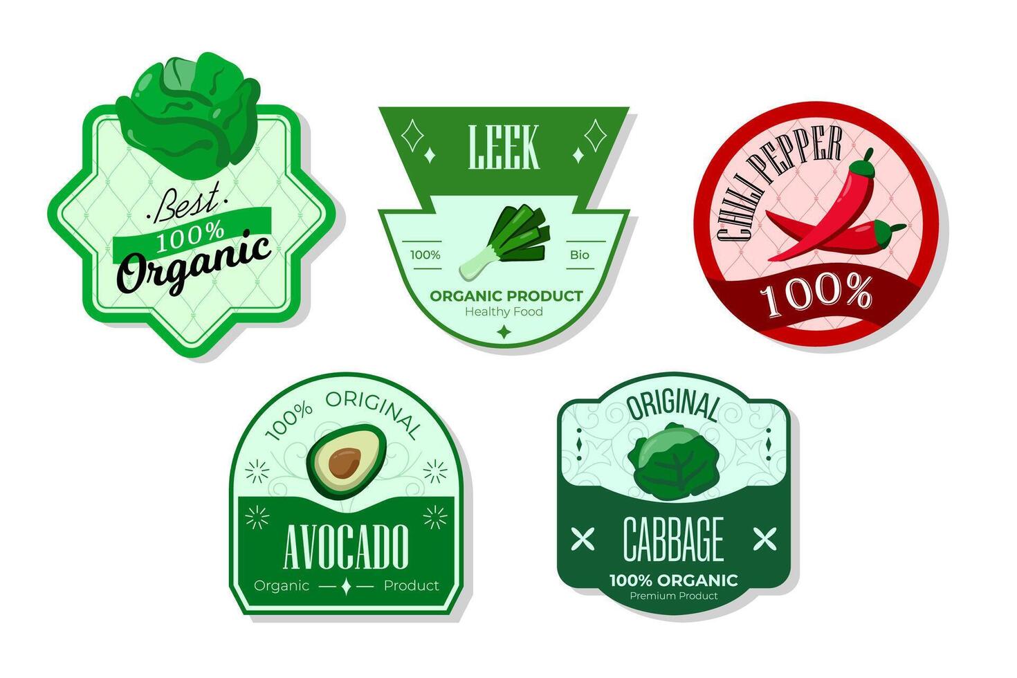 Retro fruits banner and labels. Different juices stickers. Packaging tags with leek, chili, avocado, cabbage. Set of seasonal fruits labels stickers and marks or badges template for packaging vector