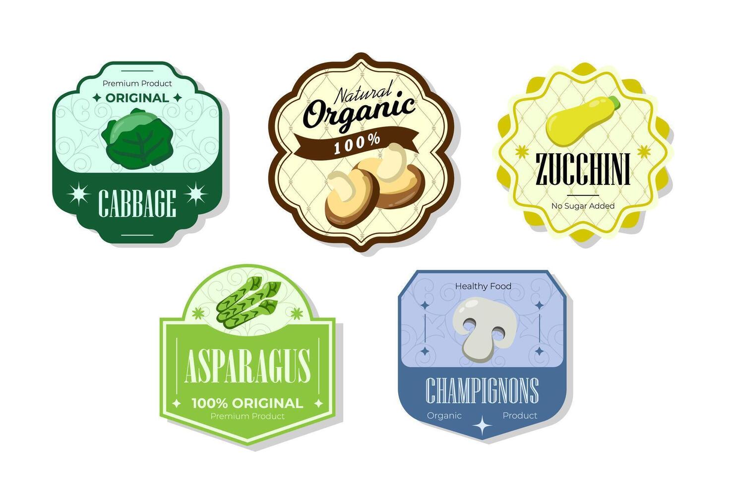 Different retro vegetables banner and labels. Packaging tags with cabbage, zucchini, asparagus, champignons. Set of seasonal vegetables labels stickers and marks or badges template for packaging vector