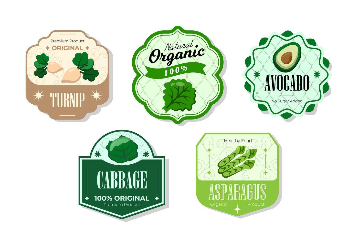 Different retro vegetables banner and labels. Packaging tags with turnip, cabbage, asparagus, avocado. Set of seasonal vegetables labels stickers and marks or badges template for packaging vector