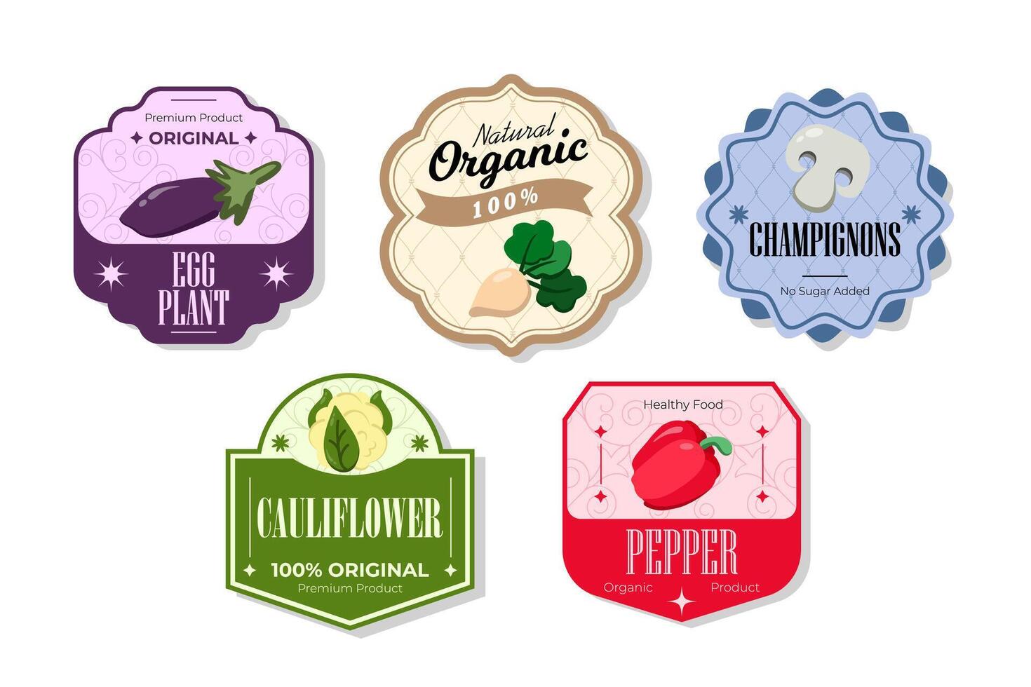 Different retro vegetables banner and labels. Packaging tags with eggplant, cauliflower, pepper, champignons. Set of seasonal vegetables labels stickers and marks or badges template for packaging vector