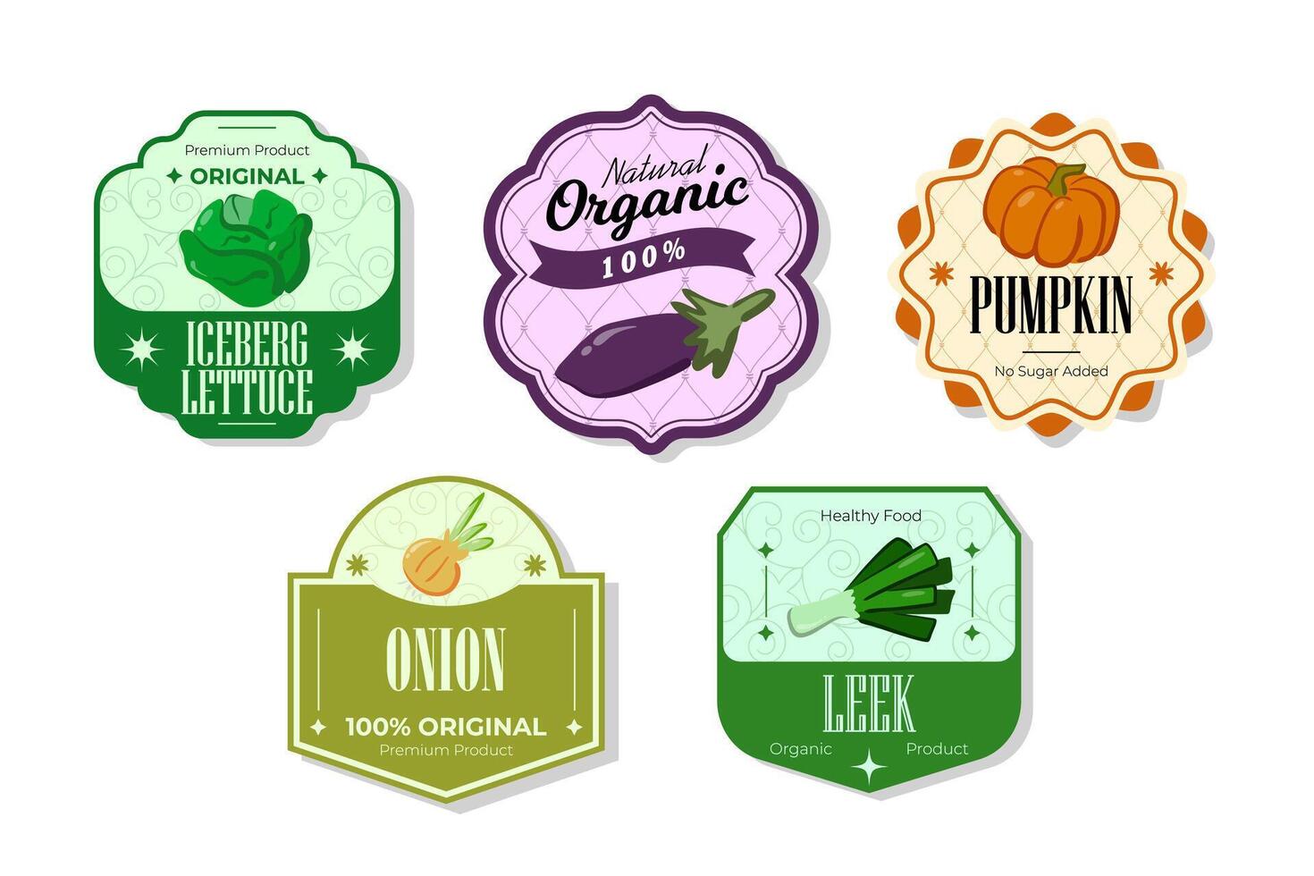 Different retro vegetables banner and labels. Packaging tags with apple. Set of seasonal vegetables labels stickers and marks or badges template for packaging vector