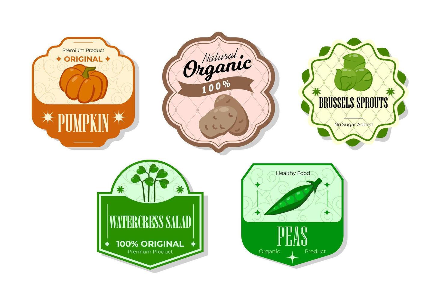 Different retro vegetables banner and labels. Packaging tags with pumpkin,peas,watercress salad, brussels sprouts. Set of seasonal vegetables labels stickers and marks or badges template for packaging vector
