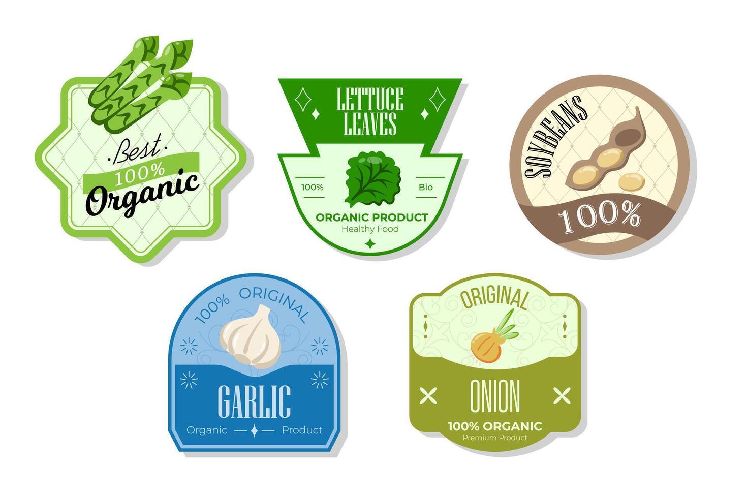 Retro fruits banner and labels. Different juices stickers. Packaging tags with lettuce, soybeans, garlic, onion. Set of seasonal fruits labels stickers and marks or badges template for packaging vector