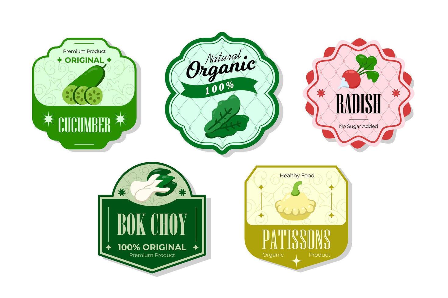 Different retro vegetables banner and labels. Packaging tags with radish, patissons, bok choy, cucumber. Set of seasonal vegetables labels stickers and marks or badges template for packaging vector