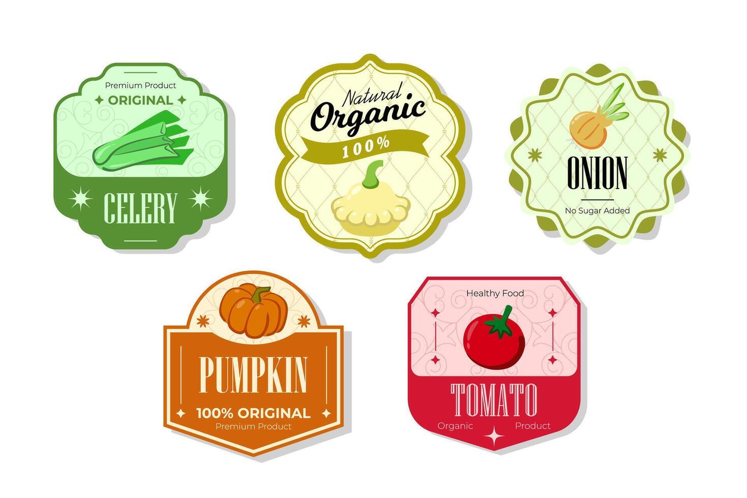 Different retro vegetables banner and labels. Packaging tags with celery, onion, pumpkin,, tomato. Set of seasonal vegetables labels stickers and marks or badges template for packaging vector