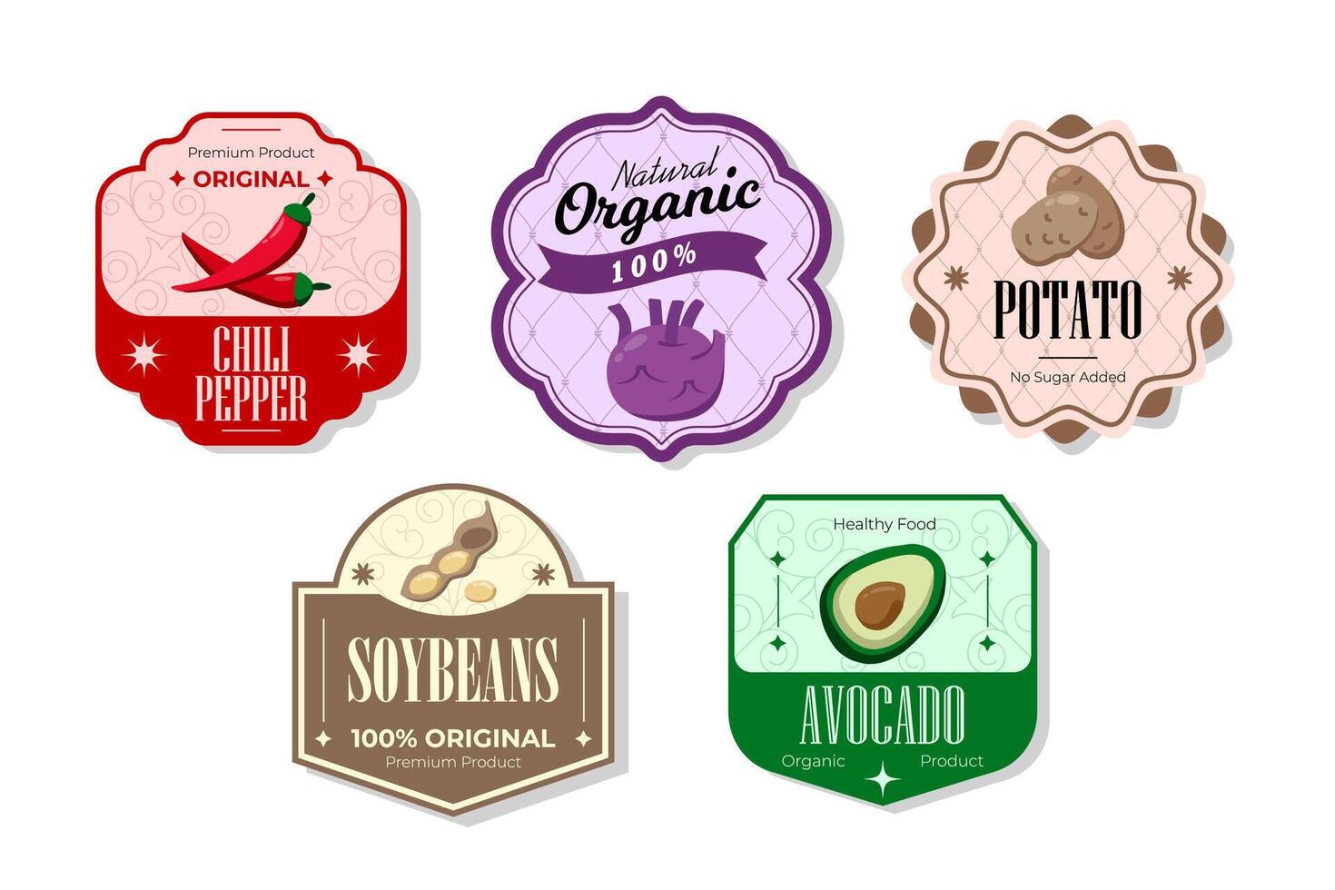 Different retro vegetables banner and labels. Packaging tags with potato, avocado, soybeans, chili. Set of seasonal vegetables labels stickers and marks or badges template for packaging vector