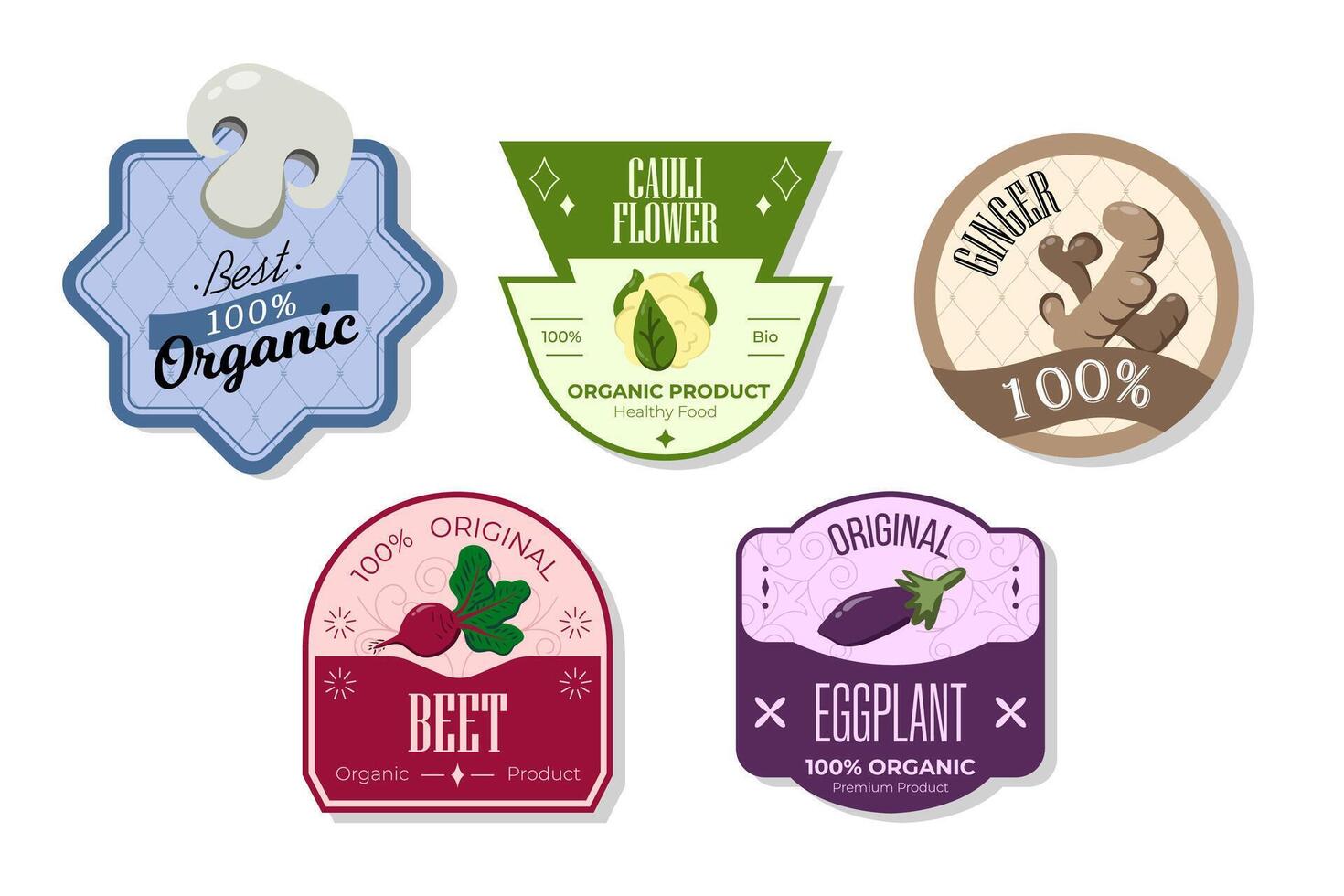 Retro fruits banner and labels. Different juices stickers. Packaging tags with eggplant, beet, ginger, cauliflower. Set of seasonal fruits labels stickers and marks or badges template for packaging vector