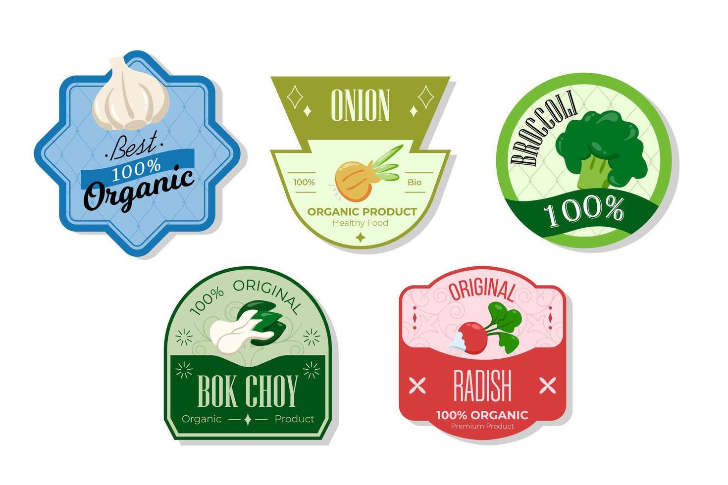 Retro fruits banner and labels. Different juices stickers. Packaging tags with onion, broccoli, bok choy, radish. Set of seasonal fruits labels stickers and marks or badges template for packaging vector