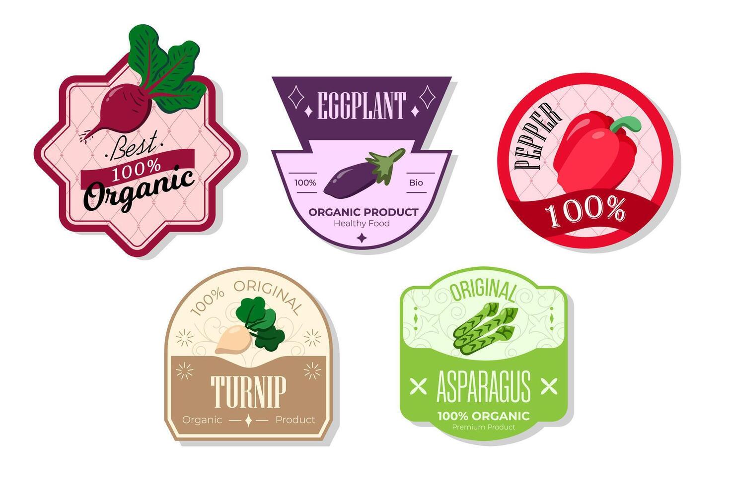 Retro fruits banner and labels. Different juices stickers. Packaging tags with turnip, asparagus, eggplant, pepper. Set of seasonal fruits labels stickers and marks or badges template for packaging vector