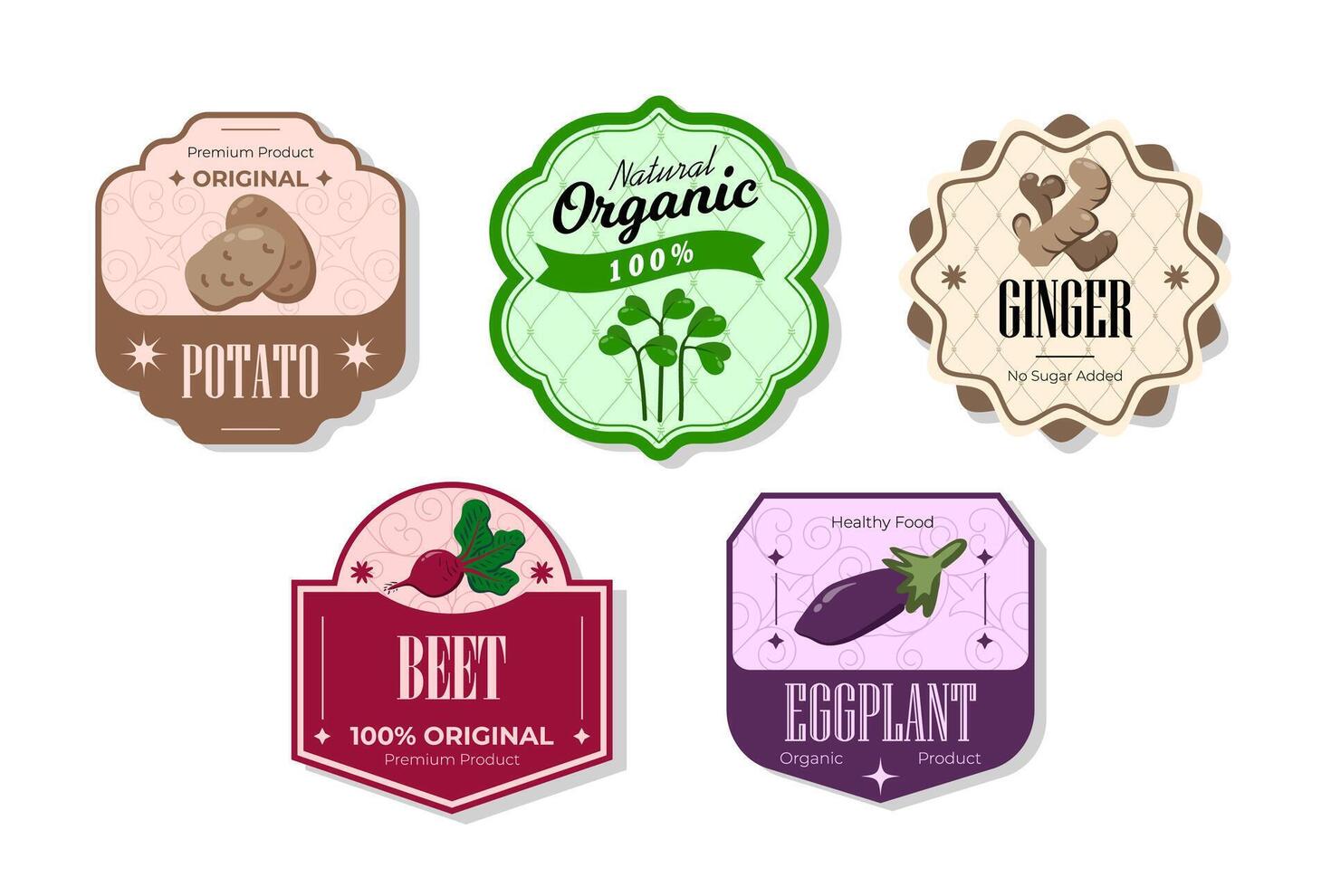Different retro vegetables banner and labels. Packaging tags with potato, ginger, beet, eggplant. Set of seasonal vegetables labels stickers and marks or badges template for packaging vector