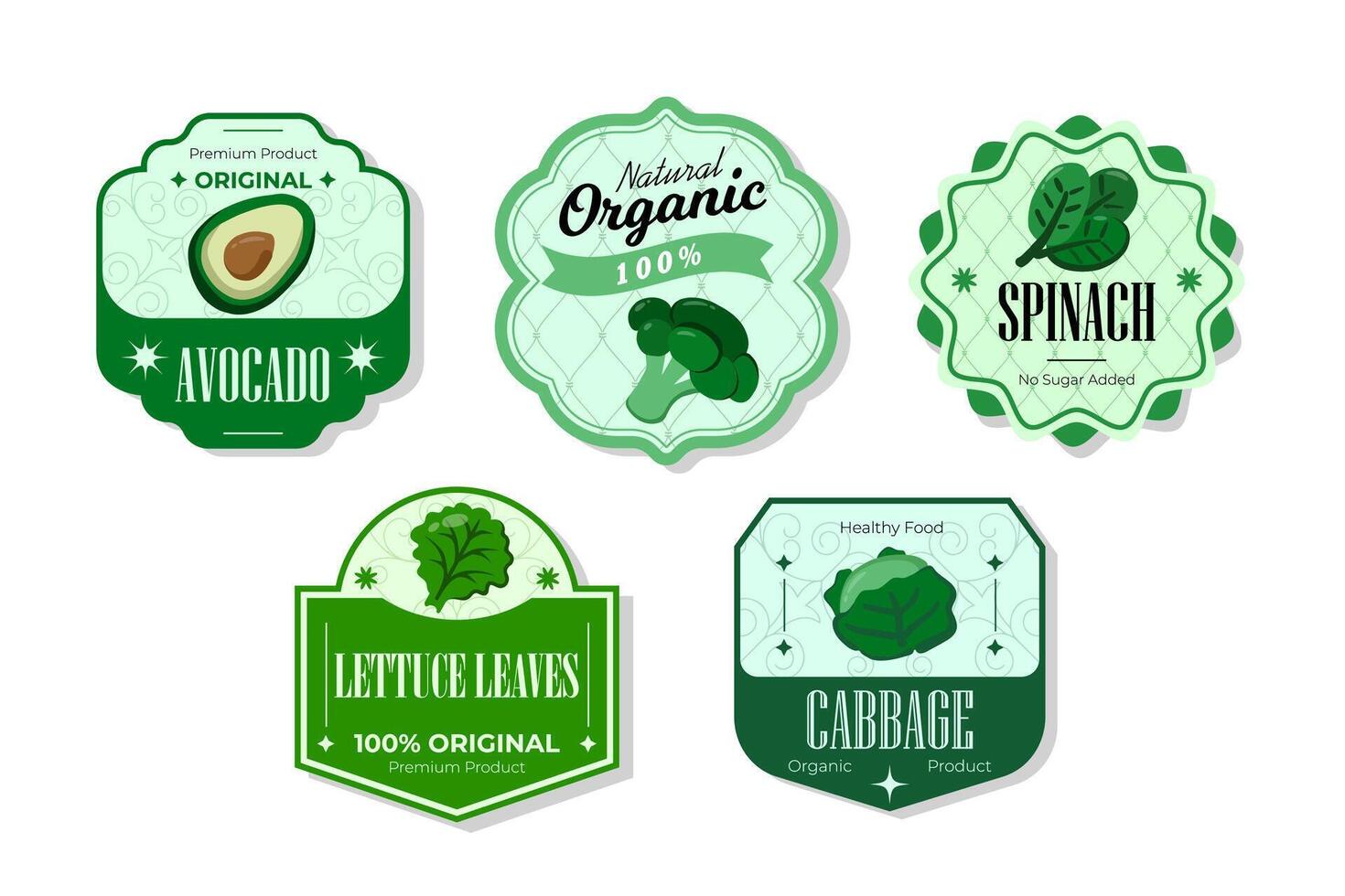 Different retro vegetables banner and labels. Packaging tags with avocado, lettuce, cabbage,spinach. Set of seasonal vegetables labels stickers and marks or badges template for packaging vector