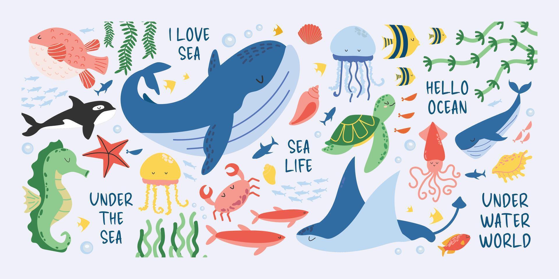 Cute sea life collection with ocean animals and plants. Includes whales, turtles, jellyfish, fish, crabs, seaweed and shells. Hand drawn illustration in colorful flat style. Perfect for kids design. vector