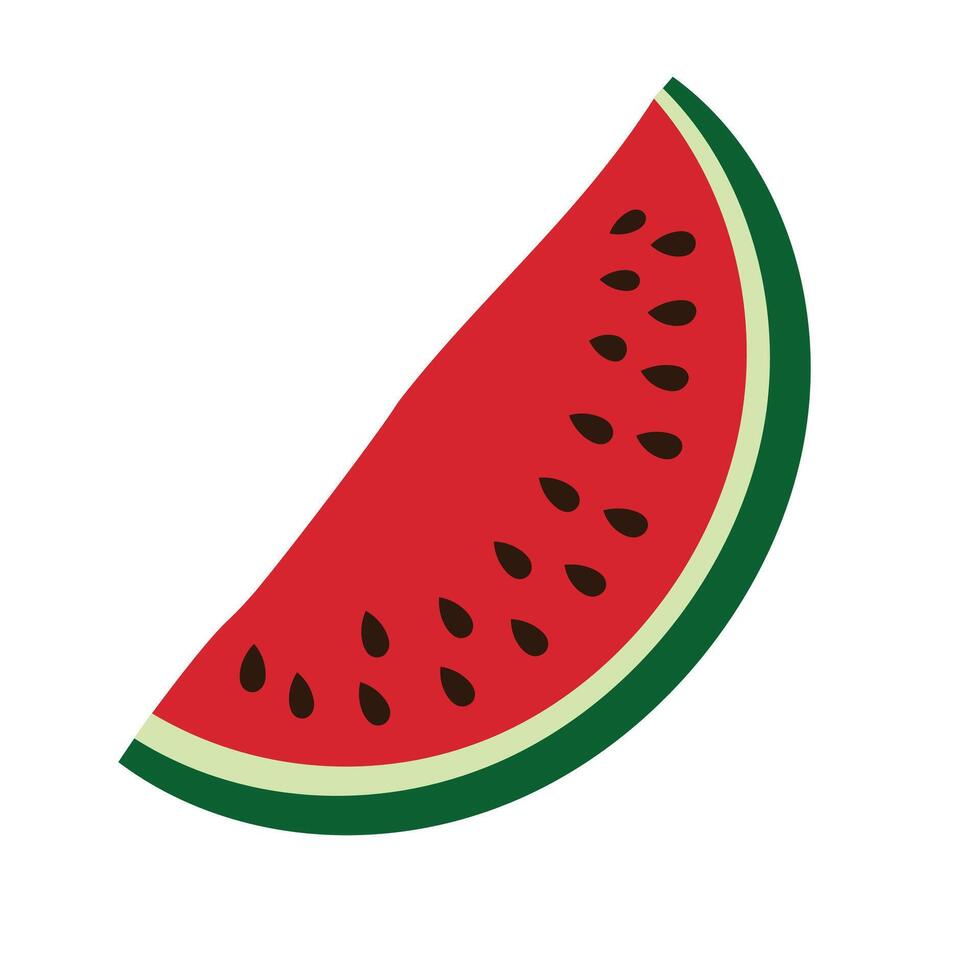 Watermelon slice with red pulp, black seeds and green rind. Fresh seasonal fruit cut in half moon shape. Juicy summer design element, isolated on white background. vector