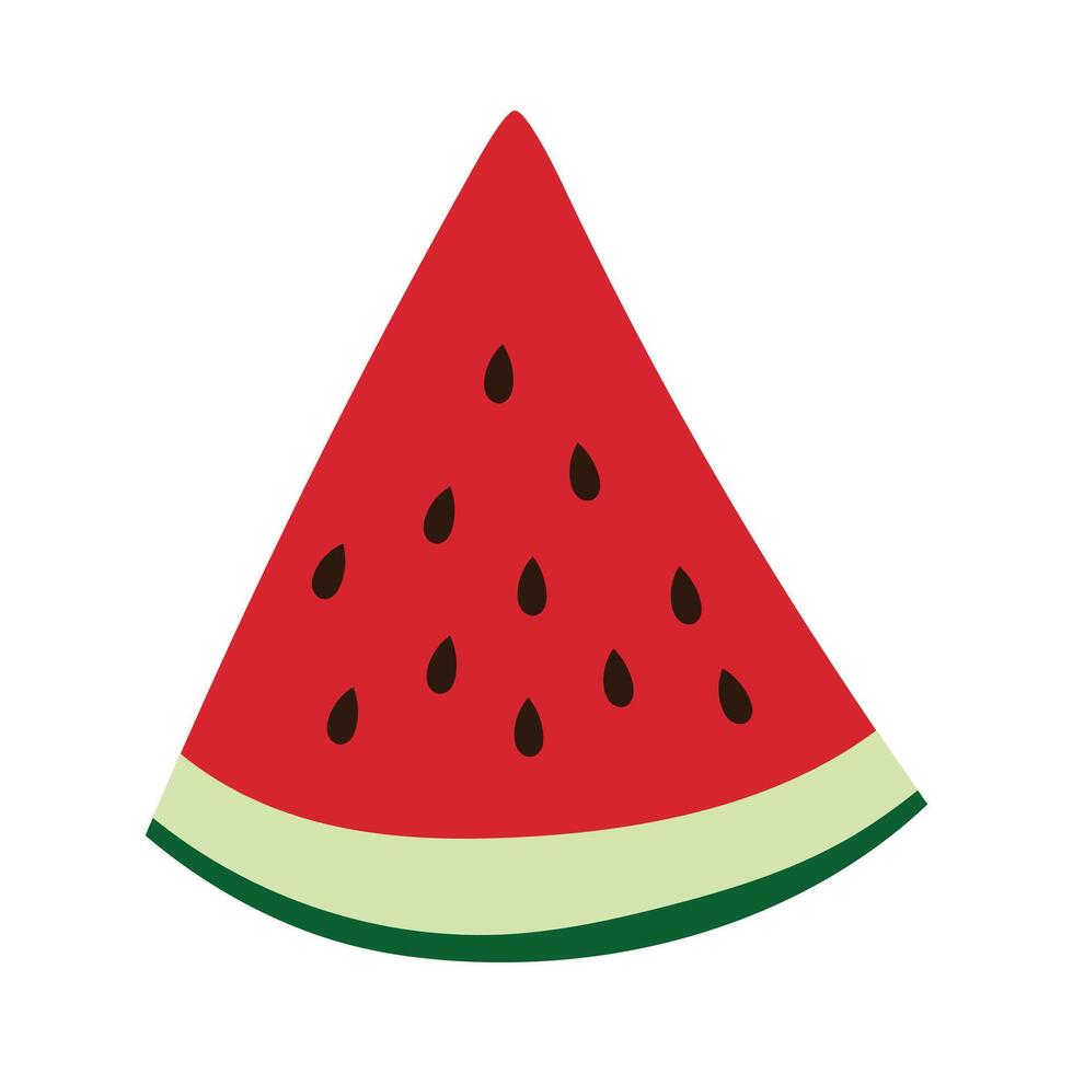 Watermelon triangle with red flesh, small black seeds and rind. Sweet summer fruit for healthy food or tropical design. Bright colorful element isolated on white background. vector