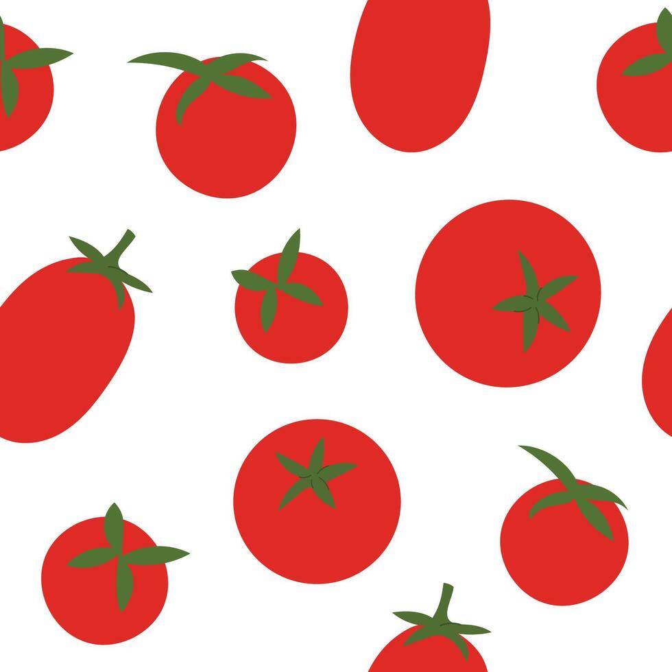 Seamless pattern with whole red tomatoes. Simple flat design with green stems on white background. vector