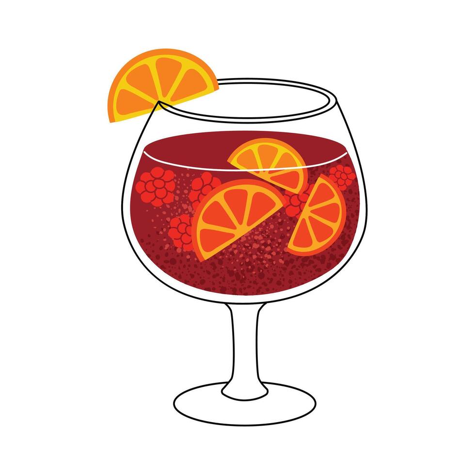 Sangria cocktail with orange slices and berries in glass. Refreshing summer drink for bar or party design. illustration isolated on white background. vector